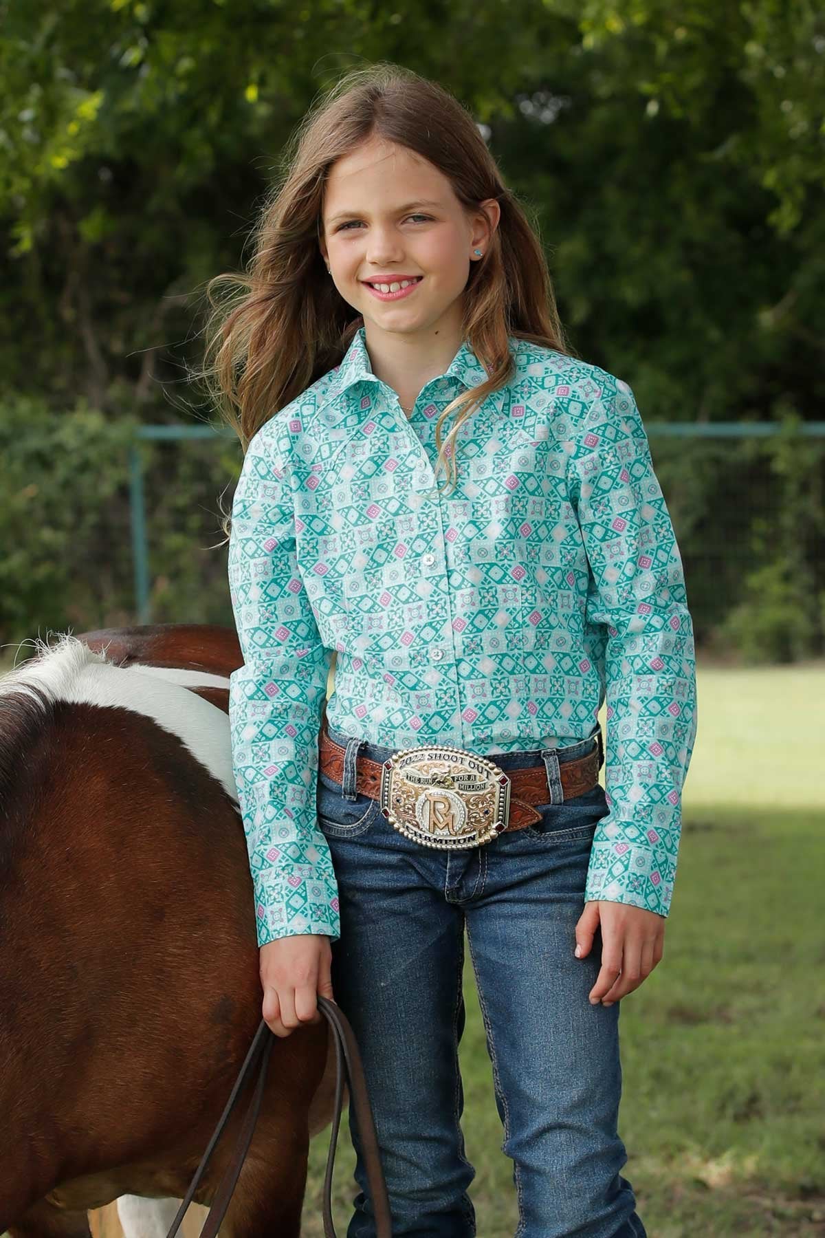 Cruel Girl, Girls GEOMETRIC PRINT BUTTON-DOWN WESTERN SHIRT