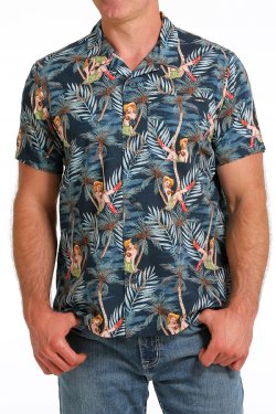 Cinch Men's Hula Girl Print Short Sleeve Camp Shirt - Navy