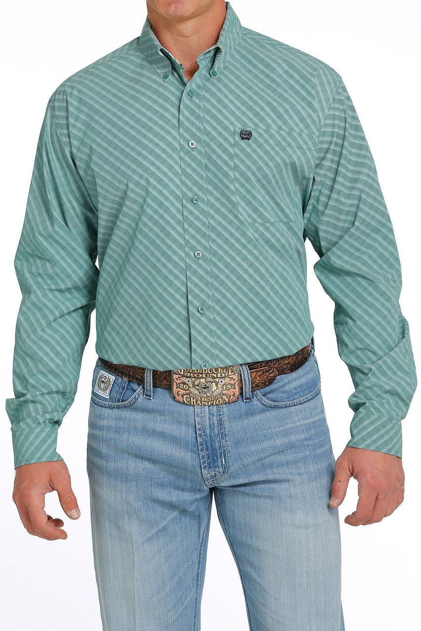 Cinch Men's LS Green Sripes Print