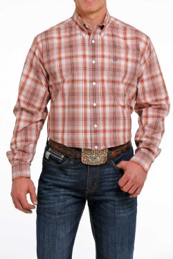 Cinch Men's LS Shirt Orange Plaid